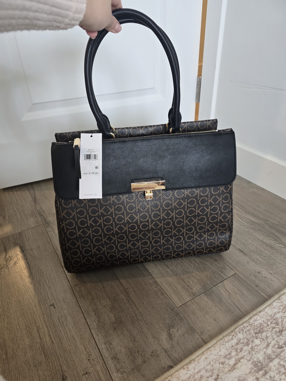 Calvin Klein Monogram Top-Handle Satchel in Black and Brown